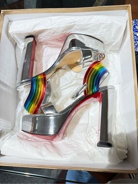 Christian Louboutin Silver Platform Sandals with Rainbow Straps